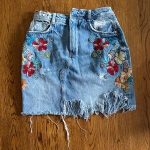Zara Blue Denim Skirt with Colorful Floral Embroidery